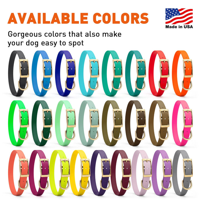 Waterproof Biothane collars for medium dogs with brass hardware are available in 26 colors, made in the USA