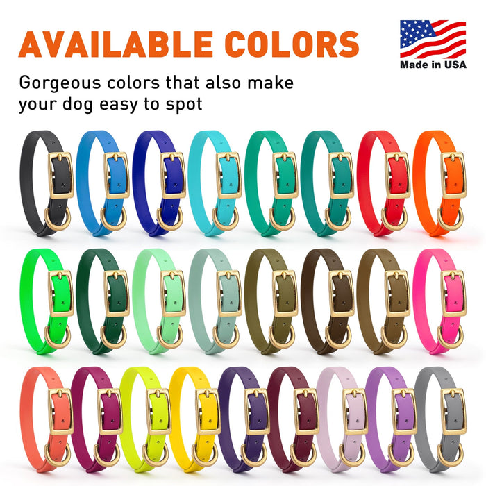 Biothane collars for dogs with brass hardware are available in 26 colors