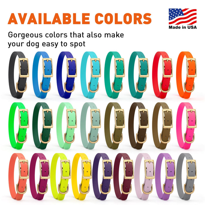 Biothane small collars for dogs with brass hardware are available in 26 colors