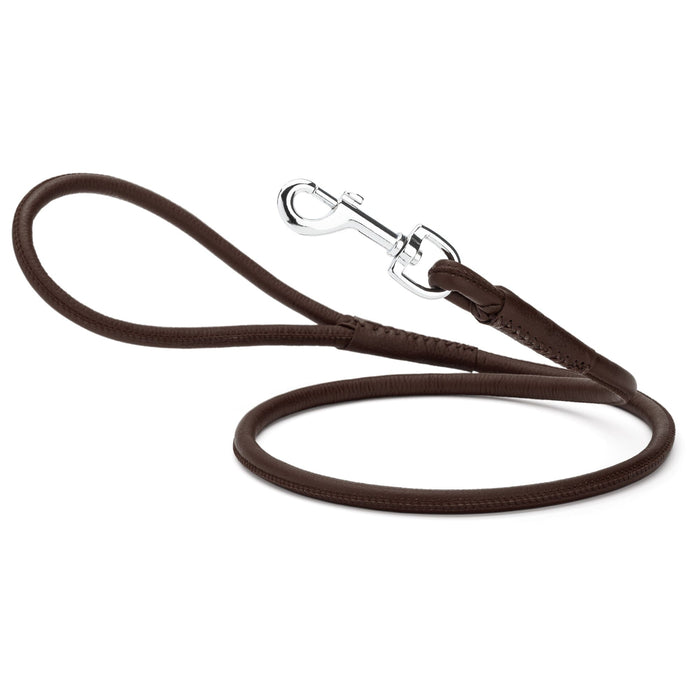 Dark brown leather leash for dogs with metal swivel clip, rolled design, 1/4 or 3/8 inches wide