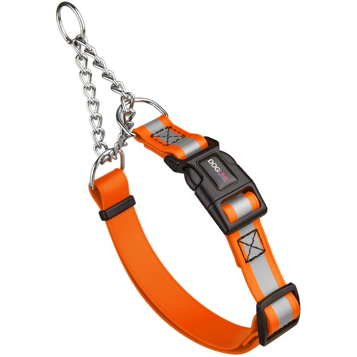 Orange martingale dog collar with wide reflective strip and black quick release buckle, made from waterproof Biothane, adjustable