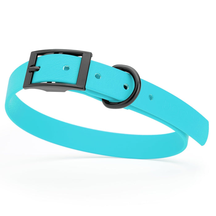 Sky blue dog collar with black hardware, made from waterproof biothane, 15 to 18 inches long