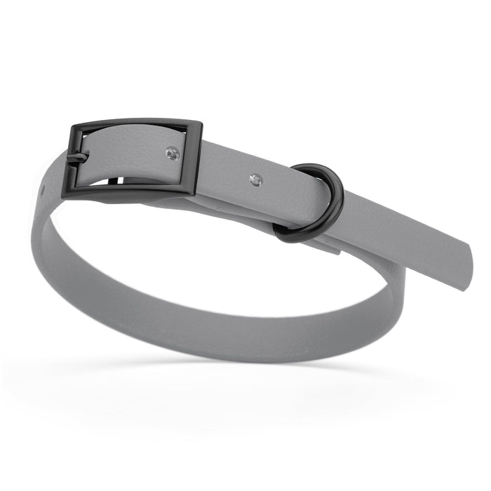 Battleship Gray dog collar with black hardware, made from waterproof biothane, 9 to 12 inches long
