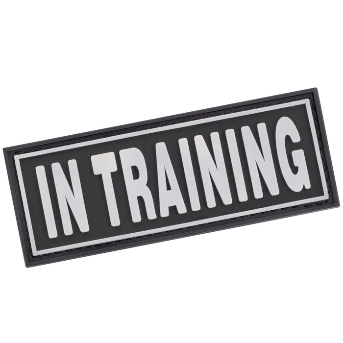 In Training rubber patch for dog harness, vest or collar, white 3D letters, white border, 1 patch