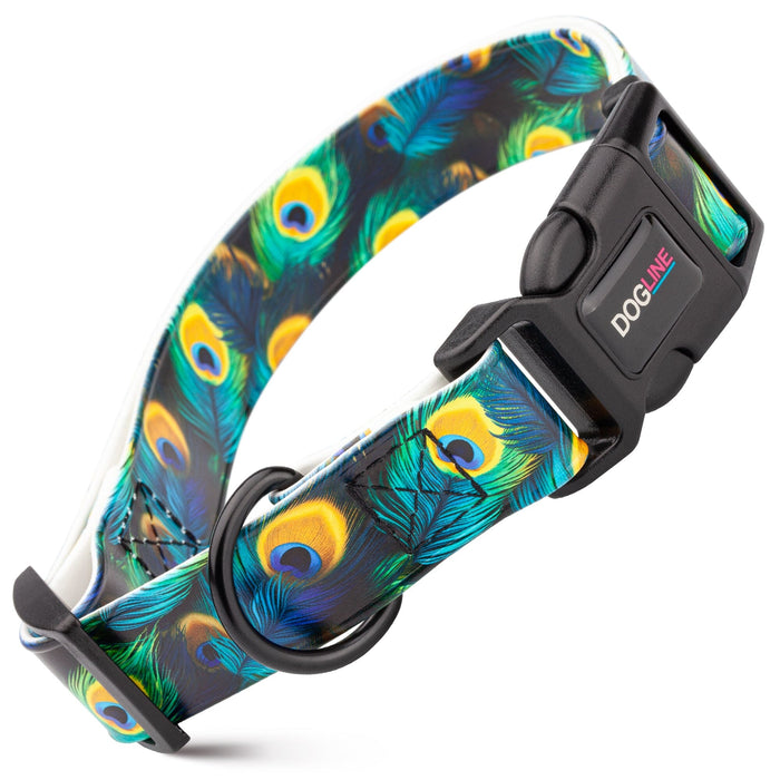 Biothane dog collar with plastic quick release buckle and metal D-ring, Peacock print
