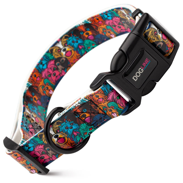 Biothane dog collar with plastic quick release buckle and metal D-ring, Shaggy Dogs print