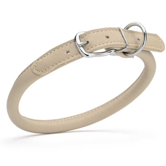 Beige leather dog collar with metal hardware, 1/2 inches wide