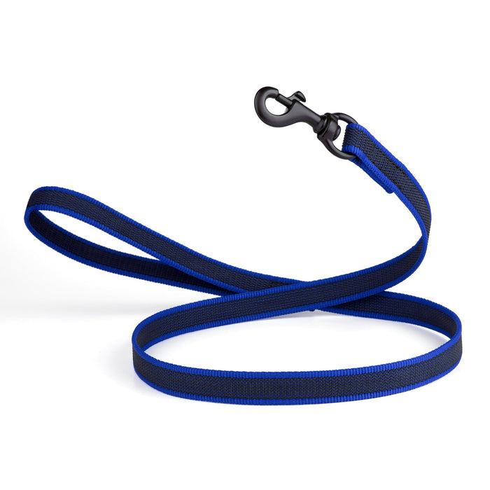 Blue dog leash with black snap hook, made from non-slip rubberized nylon, 4 ft long