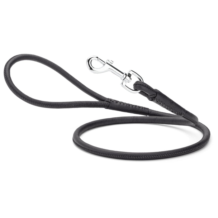 Black leather leash for dogs with metal swivel clip, rolled design, 1/4 or 3/8 inches wide