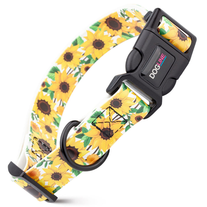 Biothane dog collar with plastic quick release buckle and metal D-ring, Sunflowers print