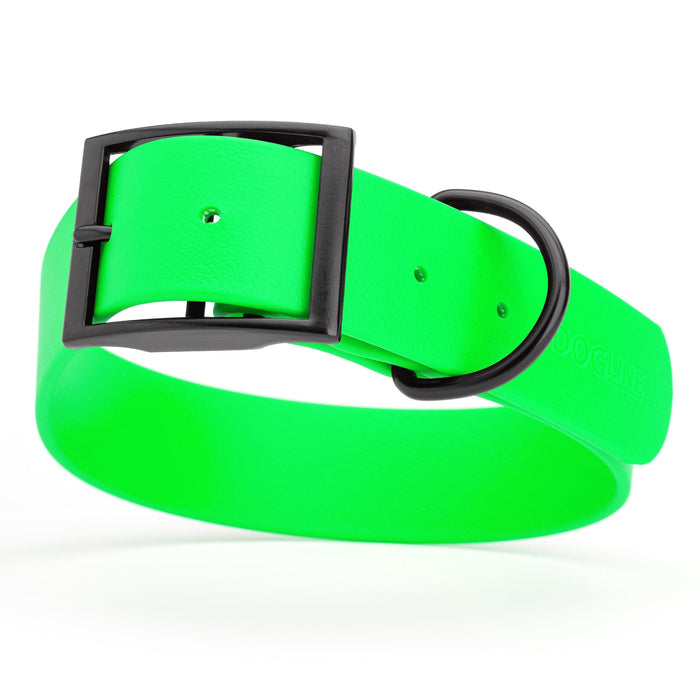 Tropical Green dog collar with black buckle, made from waterproof biothane, 1.5 inches wide, 16 to 20 inches long, fits large dogs