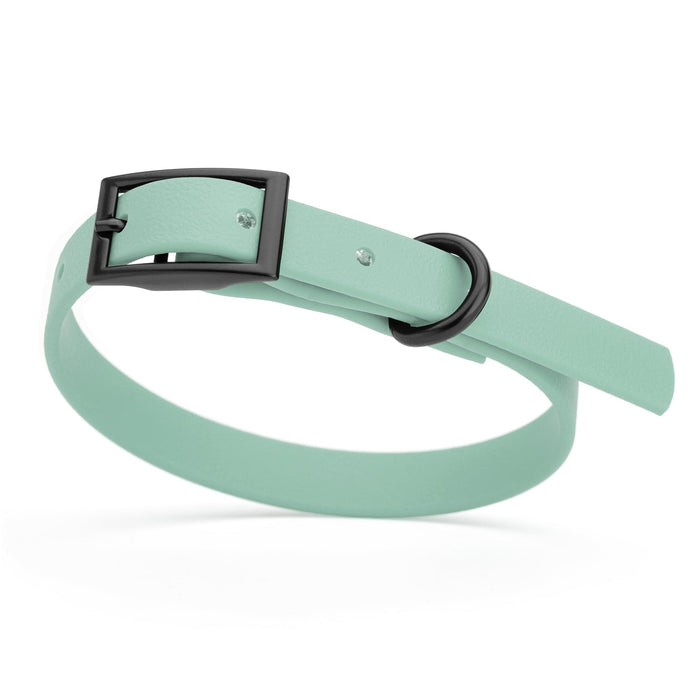 Sage Green dog collar with black hardware, made from waterproof biothane, 9 to 12 inches long