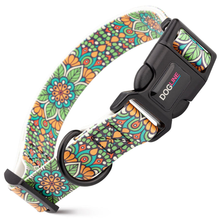Biothane dog collar with plastic quick release buckle and metal D-ring, 
Green Mandala print