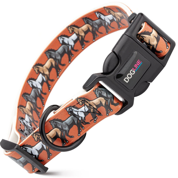 Biothane dog collar with plastic quick release buckle and metal D-ring, Horses print
