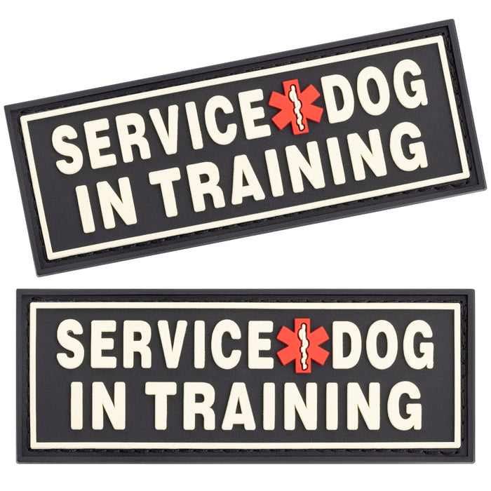 Service Dog in Training rubber patches for dog vest, harness or collar, white 3D letters, white border, set of 2