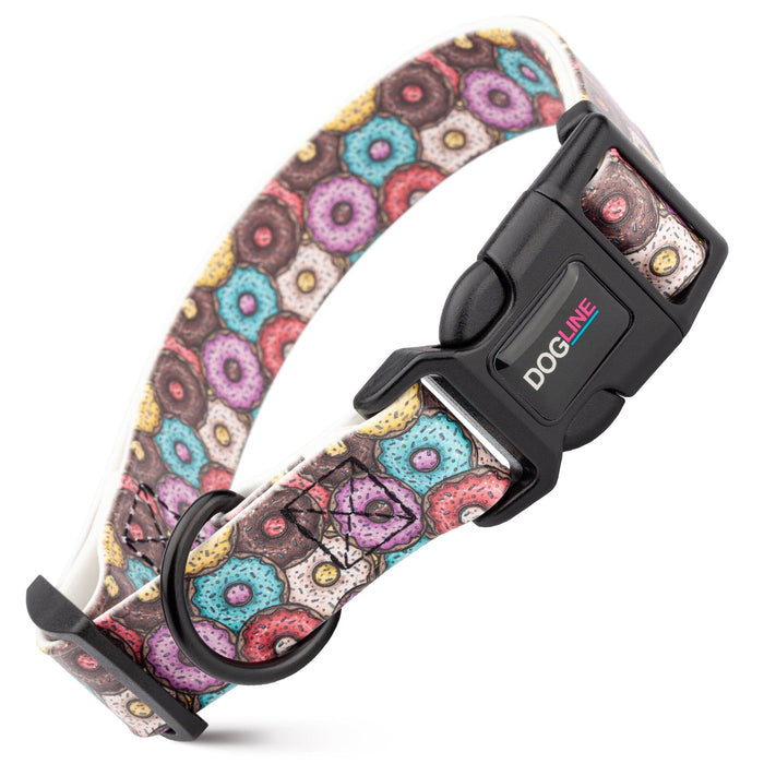 Biothane dog collar with plastic quick release buckle and metal D-ring,  Donuts print