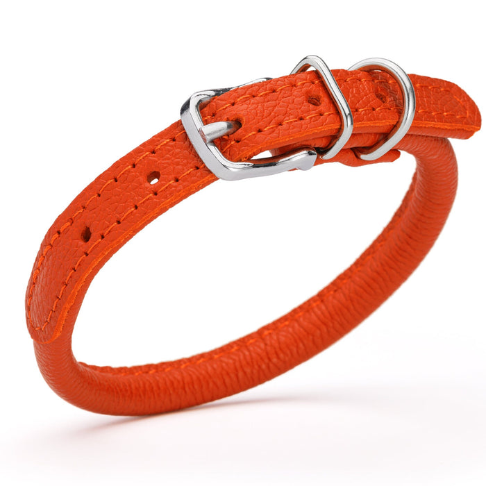 Orange leather dog collar with metal hardware, 1/3 inches wide