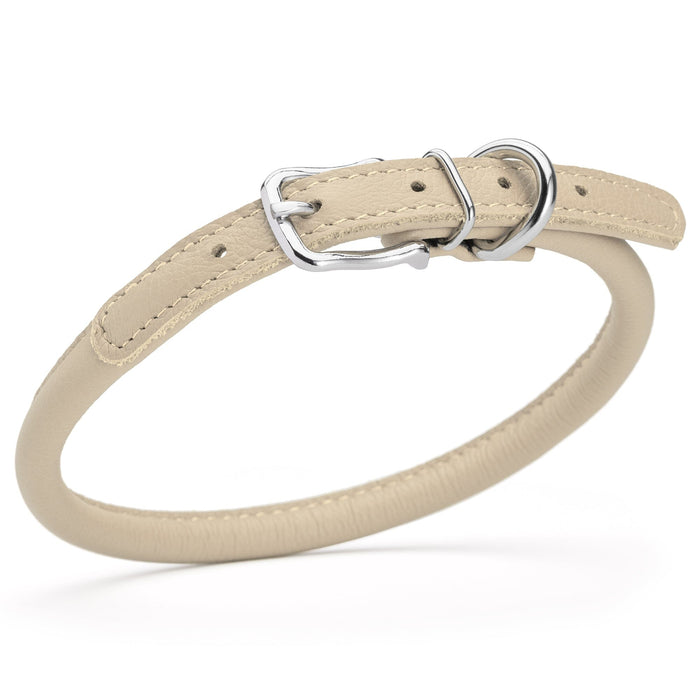 Beige leather dog collar with metal hardware, 3/8 inches wide