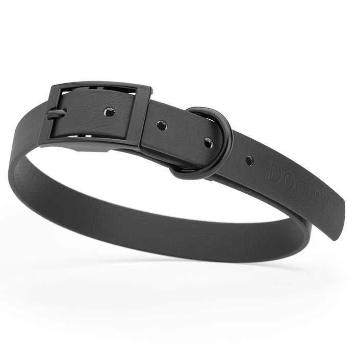 Black dog collar with black hardware, made from waterproof biothane, 15 to 18 inches long