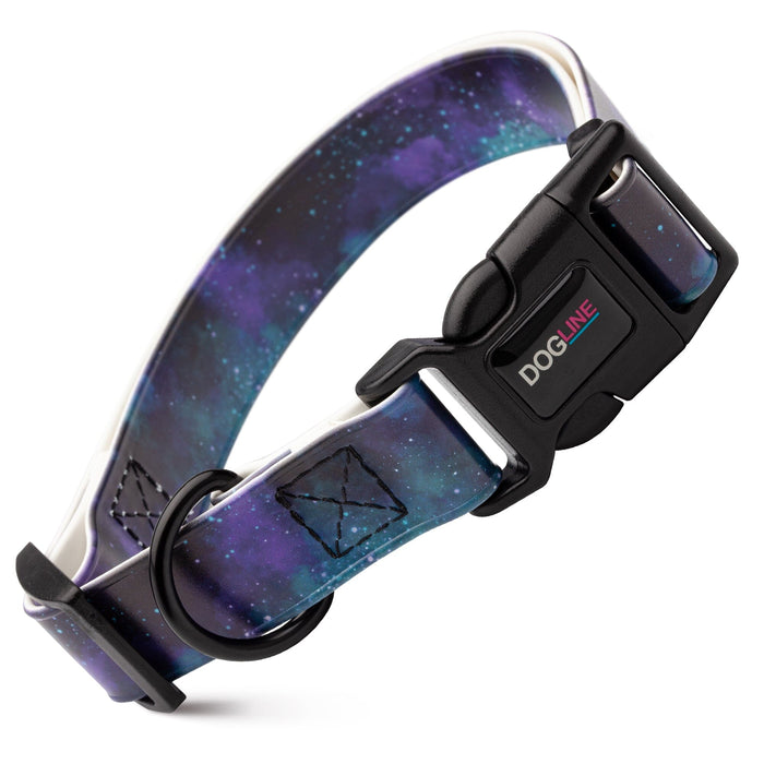 Biothane dog collar with plastic quick release buckle and metal D-ring, Galaxy print