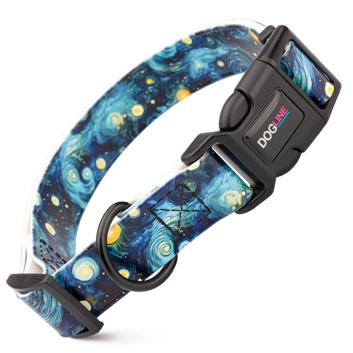 Biothane dog collar with plastic quick release buckle and metal D-ring, Starry Night print