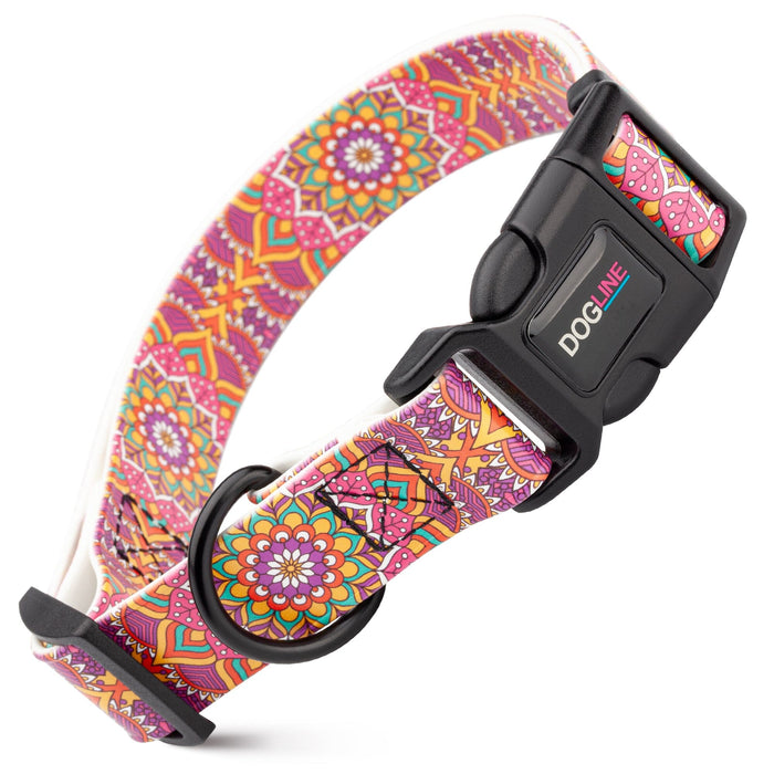 Biothane dog collar with plastic quick release buckle and metal D-ring, Pink Mandala print