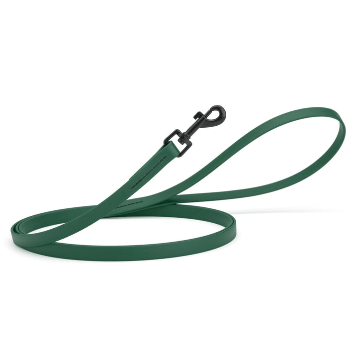 Hunter green dog leash with black swivel clip, made from waterproof Biothane, 6 feet long, 1/2 inches wide