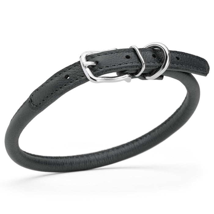 Black leather dog collar with metal hardware, 3/8 inches wide