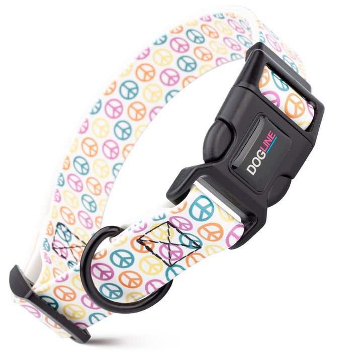 Biothane dog collar with plastic quick release buckle and metal D-ring, Peace and Love print