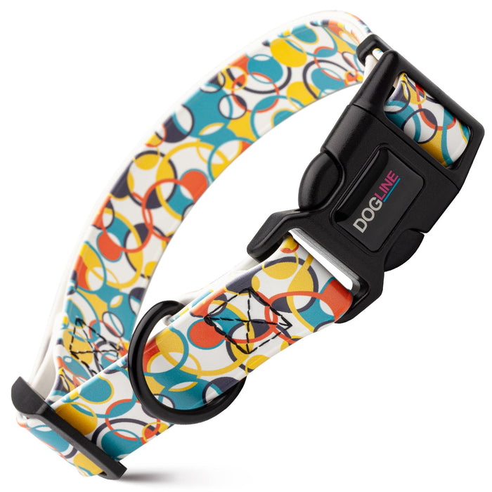Biothane dog collar with plastic quick release buckle and metal D-ring, 
Circles print