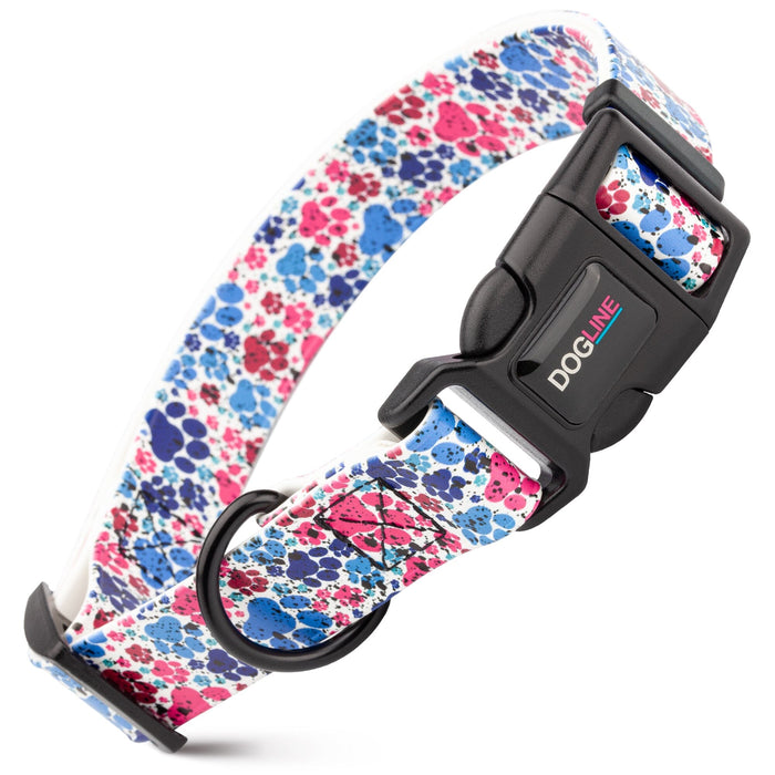 Biothane dog collar with plastic quick release buckle and metal D-ring, Paws print