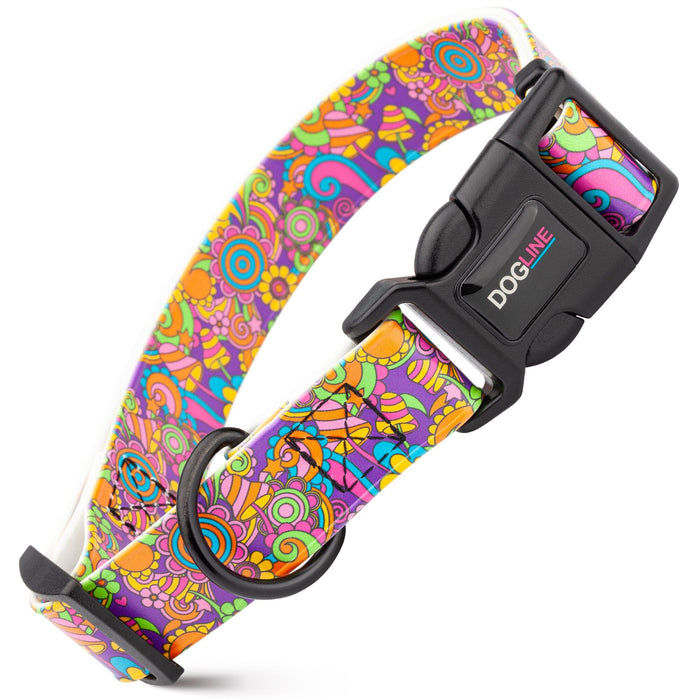Biothane dog collar with plastic quick release buckle and metal D-ring, Magic Mushrooms print