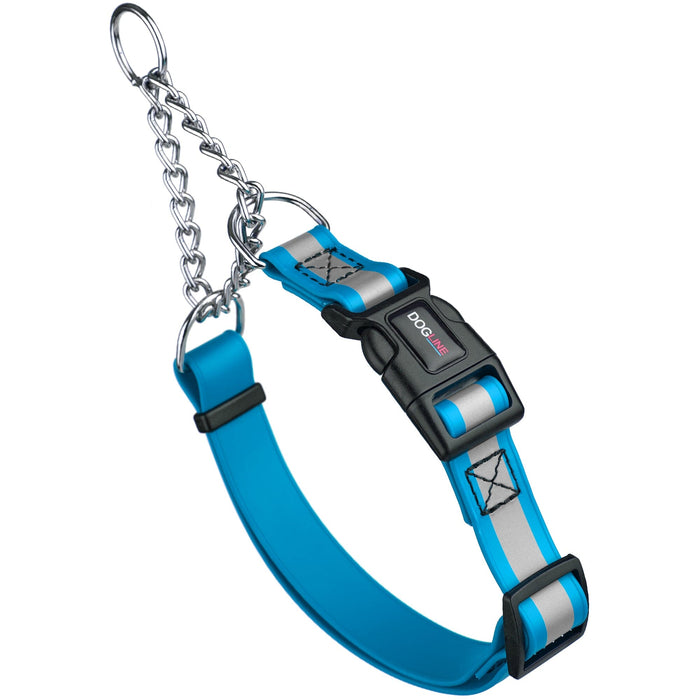 Blue martingale dog collar with wide reflective strip and black quick release buckle, made from waterproof Biothane, adjustable