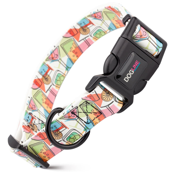 Biothane dog collar with plastic quick release buckle and metal D-ring, Bottoms Up print