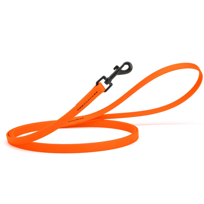 Hunter orange dog leash with black swivel clip, made from waterproof Biothane, 6 feet long, 1/2 inches wide
