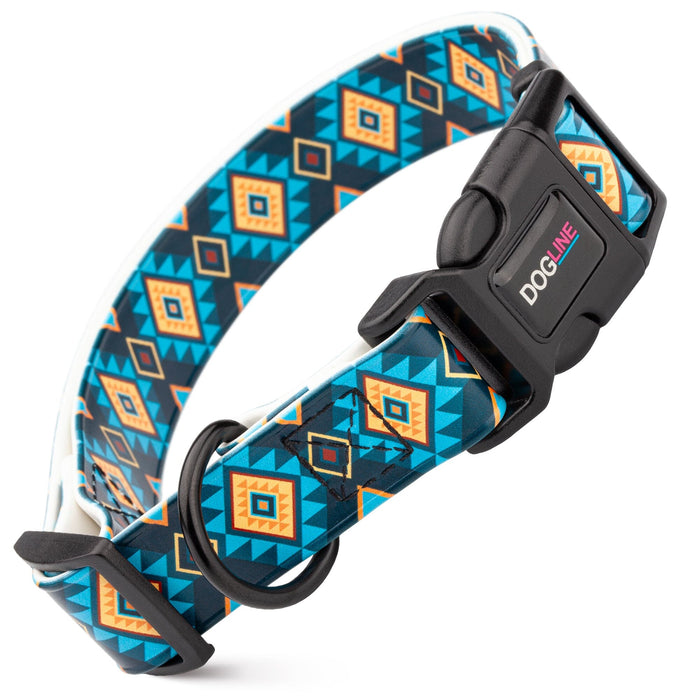 Biothane dog collar with plastic quick release buckle and metal D-ring, 
Blue Aztec print