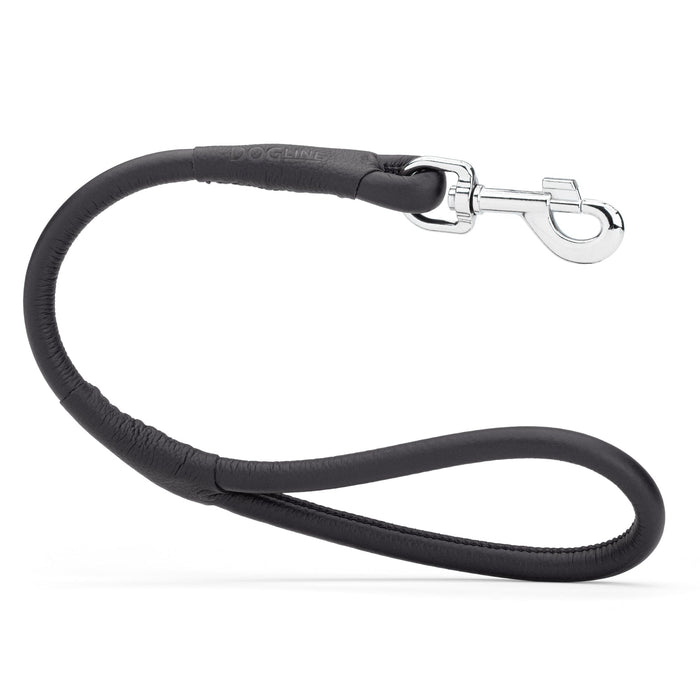 Black leather traffic lead with metal swivel clip, rolled design