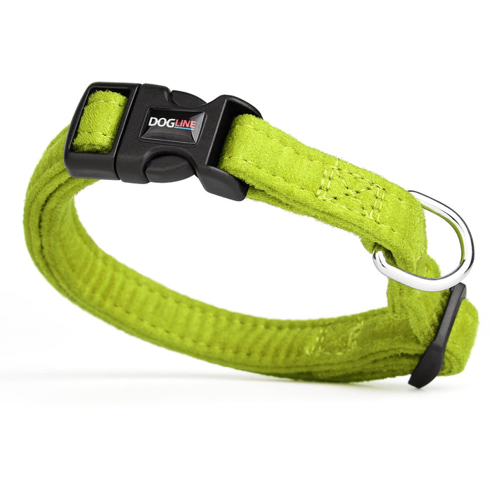 Lime green dog collar with quick release buckle and metal ring, made from soft microfiber, 5/8 inches wide
