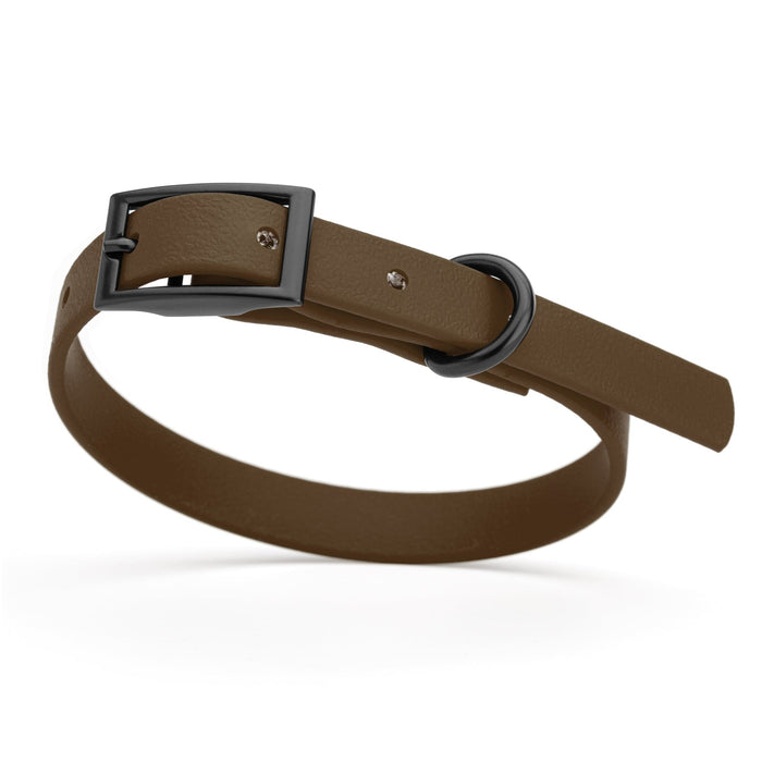 Dark Chocolate Brown dog collar with black hardware, made from waterproof biothane, 9 to 12 inches long
