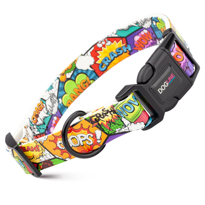 Biothane dog collar with plastic quick release buckle and metal D-ring, Comics print