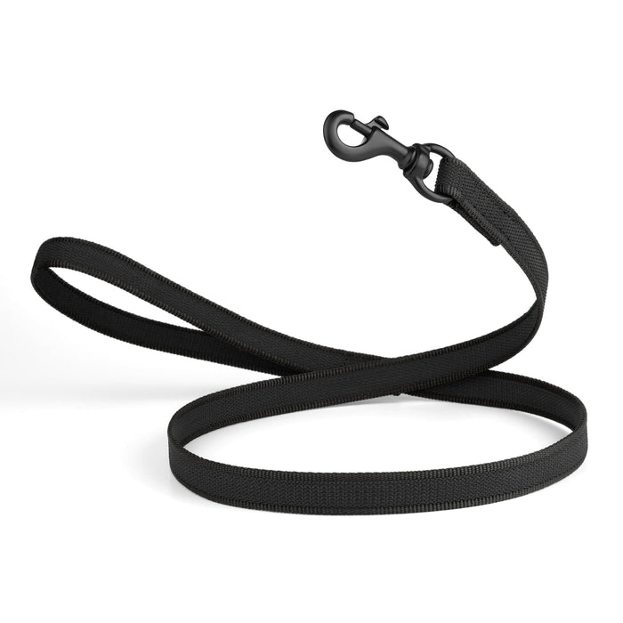 Black dog leash with black snap hook, made from non-slip rubberized nylon, 4 ft long