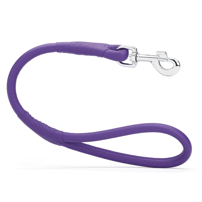 Purple leather traffic lead with metal swivel clip, rolled design