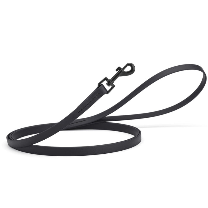 Black dog leash with black swivel clip, made from waterproof Biothane, 6 feet long, 1/2 inches wide
