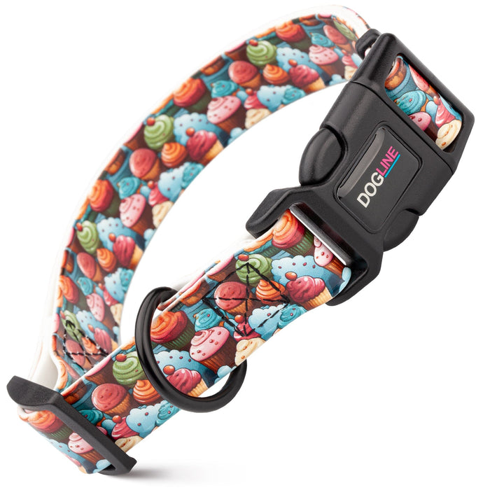 Biothane dog collar with plastic quick release buckle and metal D-ring, Cupcakes print