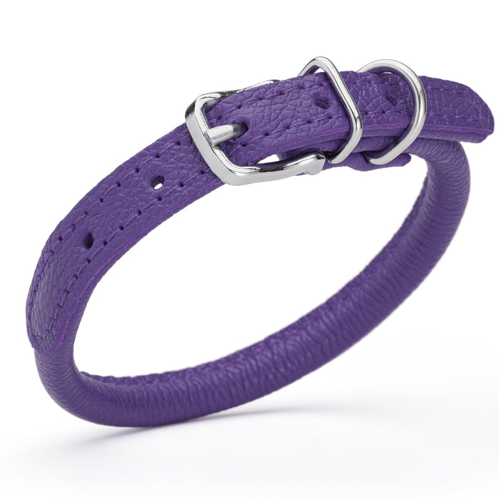 Purple leather dog collar with metal hardware, 1/3 inches wide