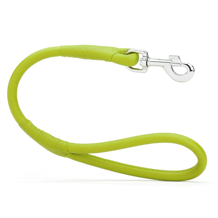 Lime green leather traffic lead with metal swivel clip, rolled design