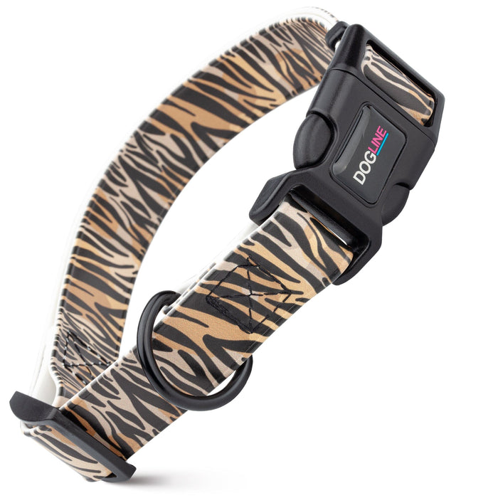 Biothane dog collar with plastic quick release buckle and metal D-ring, Tiger print