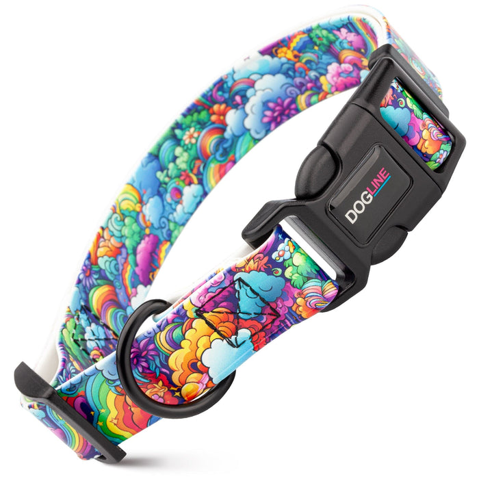Biothane dog collar with plastic quick release buckle and metal D-ring, Fantasy Forest print