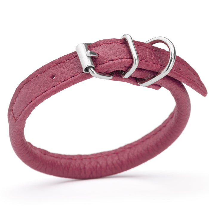 Pink leather dog collar with metal hardware, 1/4 inches wide