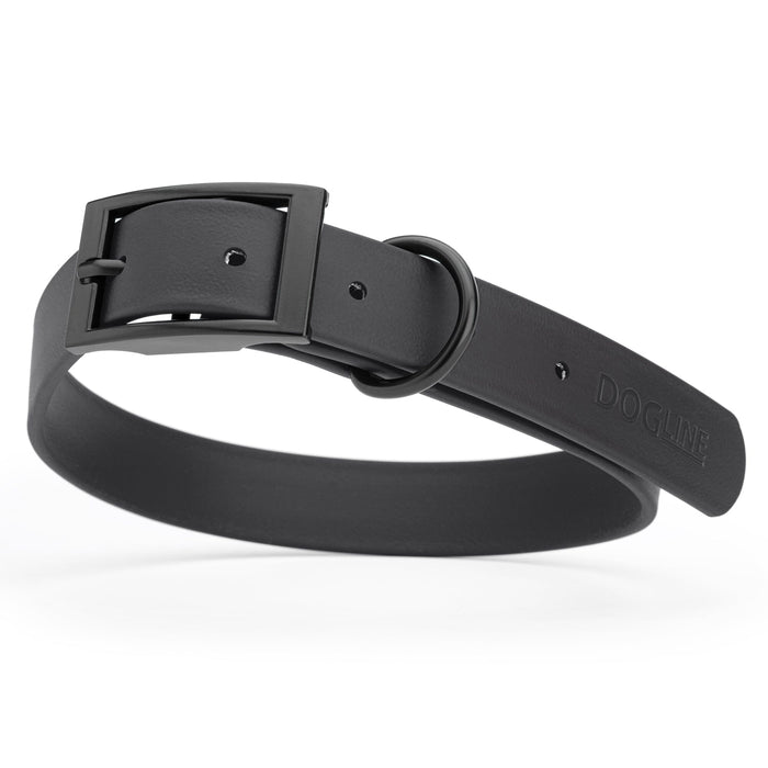 Black dog collar with black buckle, made from waterproof biothane, 18 to 22 inches long
